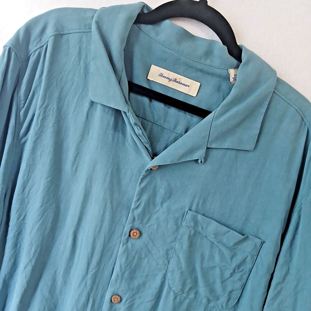 Tommy Bahama 100% Silk Shirt Mens XL Blue Short Sleeve Button Up Beach #898